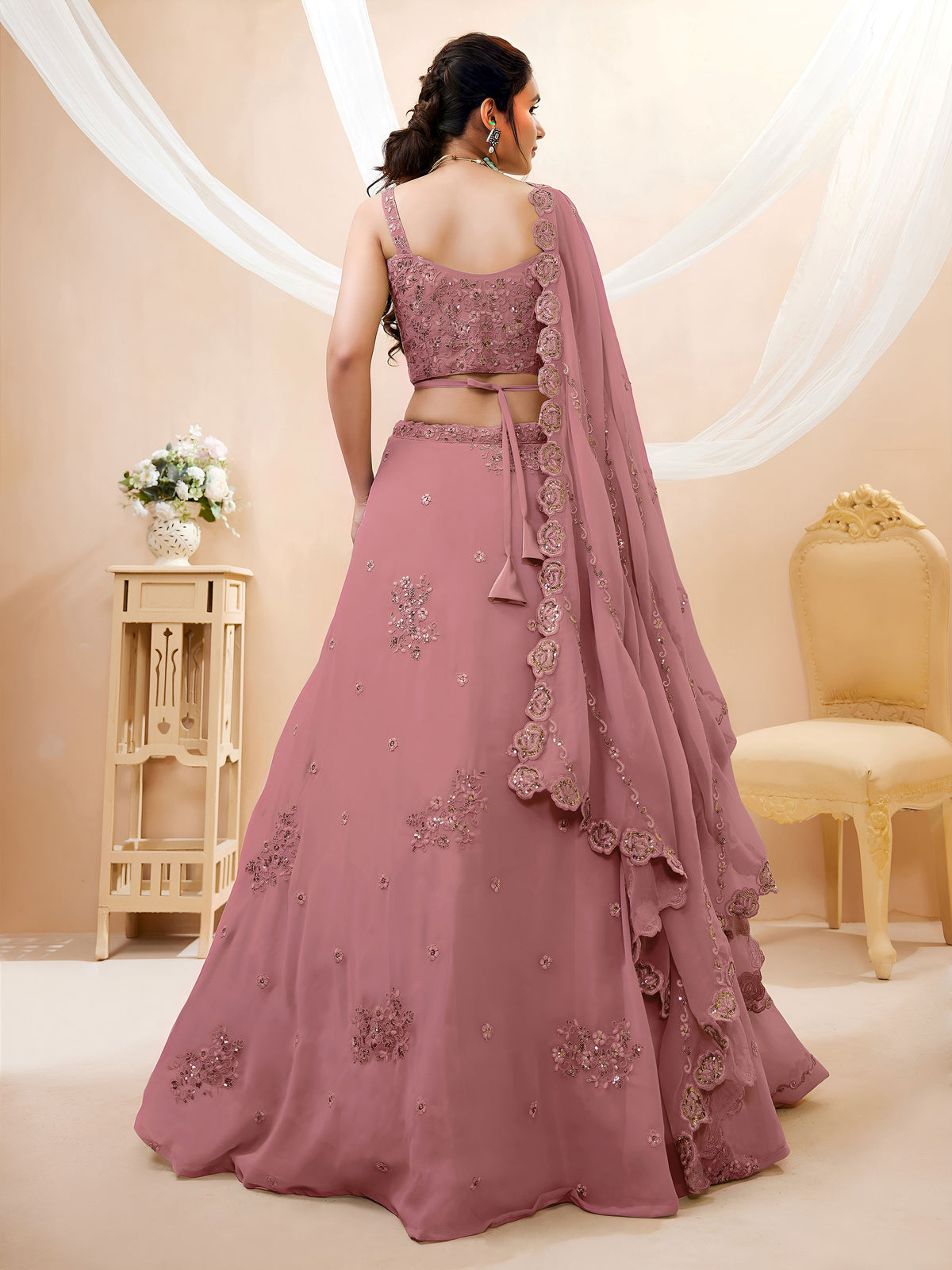Dusty Rose Embroidered Lehenga Choli for Wedding