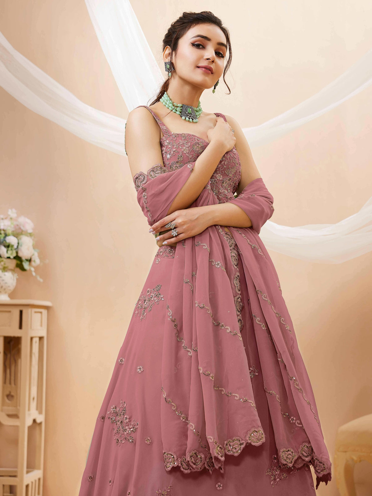Dusty Rose Embroidered Lehenga Choli for Wedding
