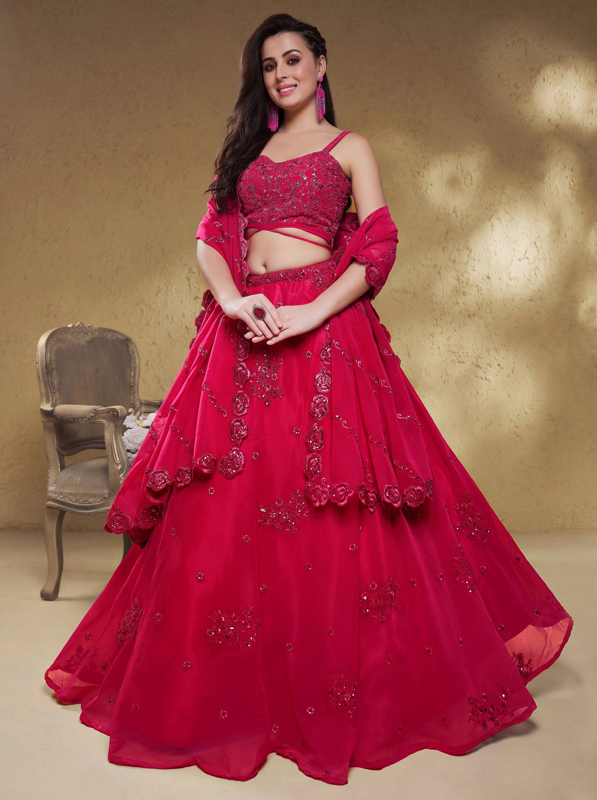 Rani Pink Embroidered Lehenga Choli for Wedding