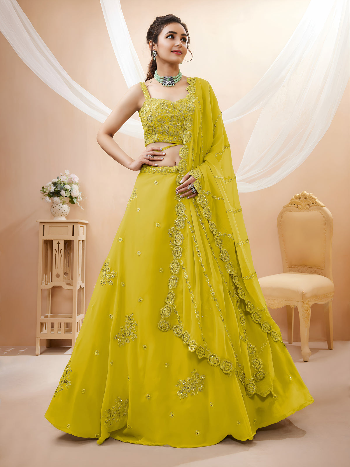 Mustard Yellow Embroidered Lehenga Choli for Wedding