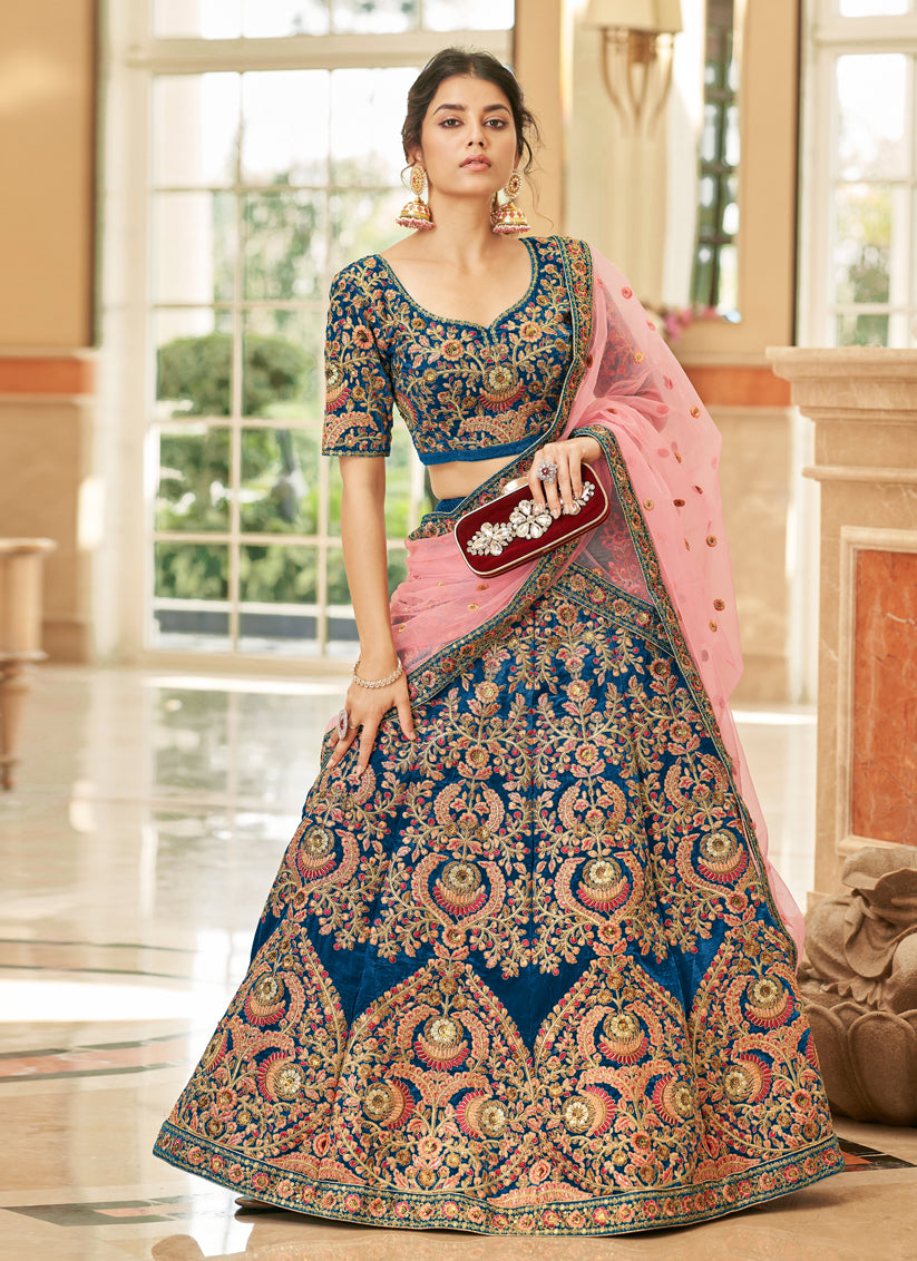 Morpich Velvet Embroidered Designer Wedding Lehenga Choli