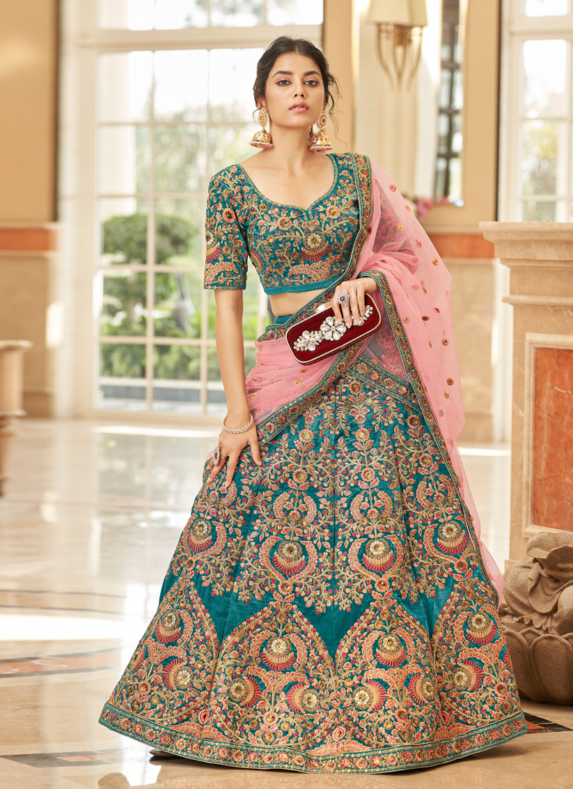 Peacock Blue Velvet Embroidered Designer Wedding Lehenga Choli