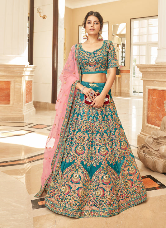 Peacock Blue Velvet Embroidered Designer Wedding Lehenga Choli