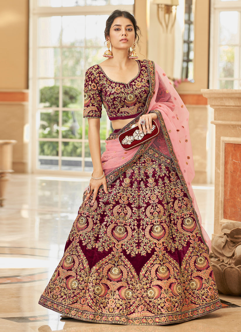 Maroon Velvet Embroidered Designer Wedding Lehenga Choli