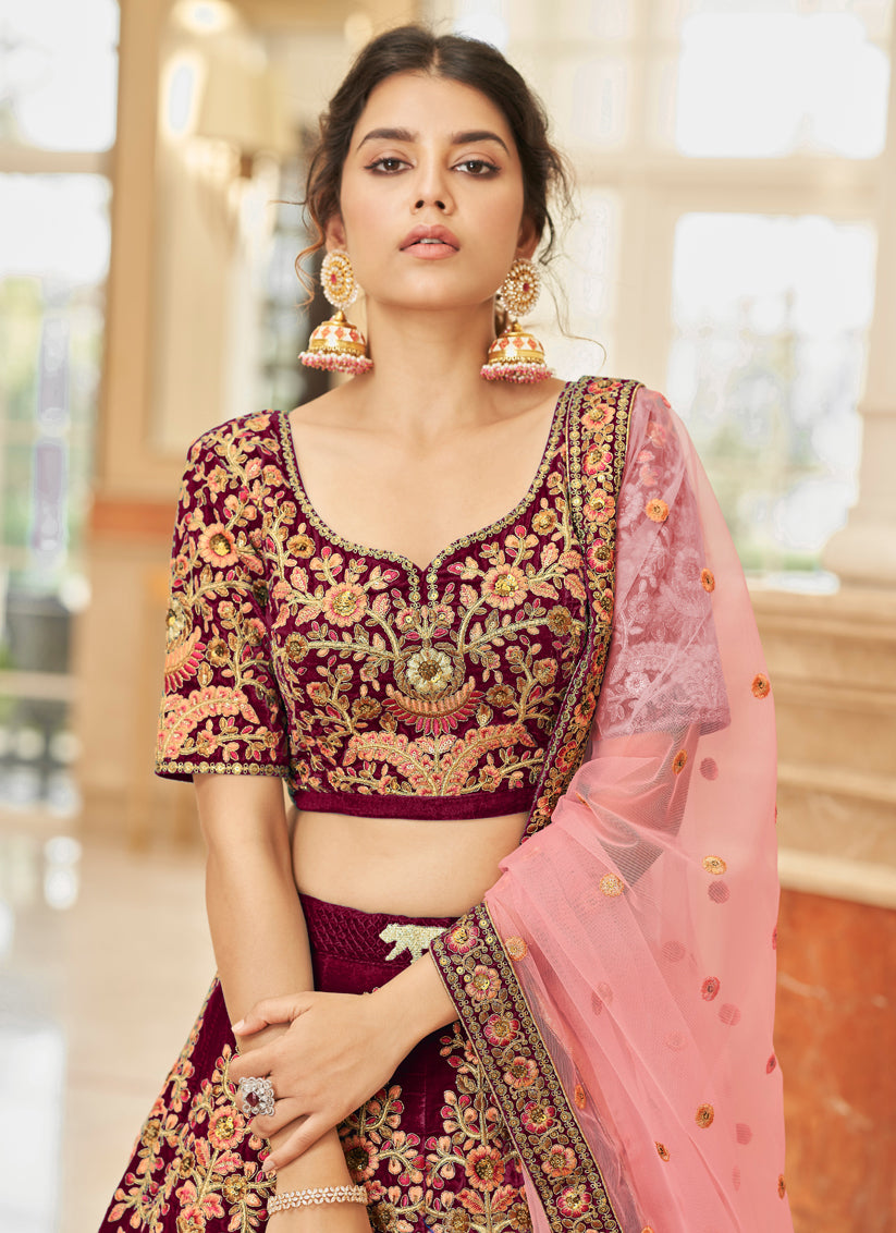 Maroon Velvet Embroidered Designer Wedding Lehenga Choli