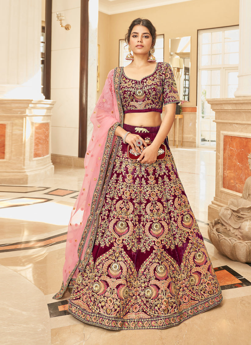 Maroon Velvet Embroidered Designer Wedding Lehenga Choli