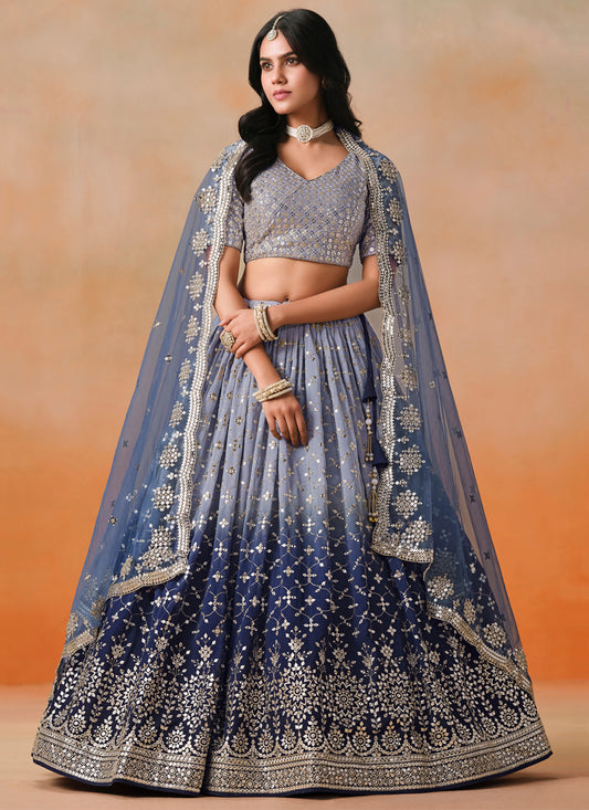 Ombre Blue Georgette Sequins Embroidered Lehenga Choli