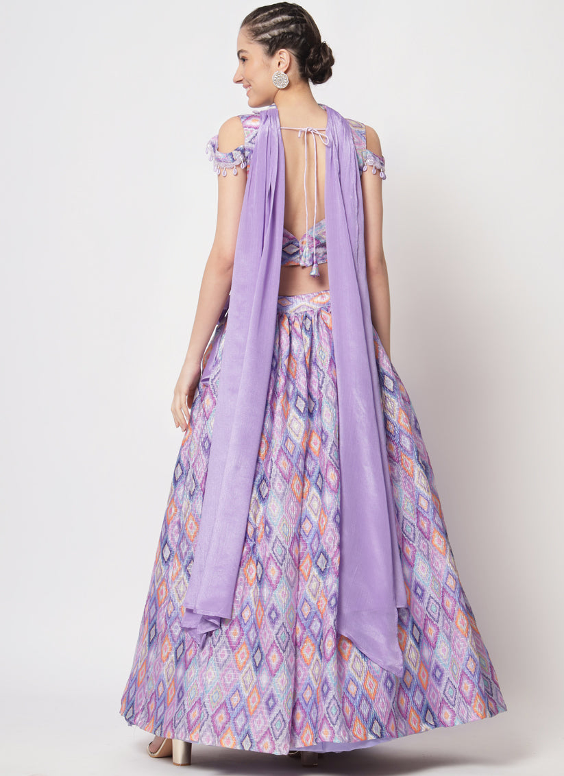 Lilac Chinnon Silk Embellished Lehenga Choli