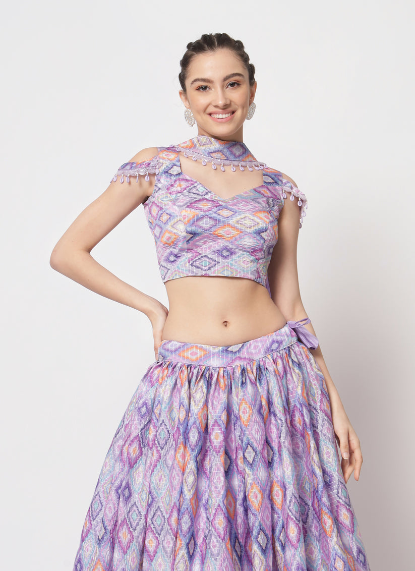 Lilac Chinnon Silk Embellished Lehenga Choli