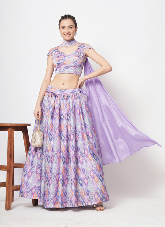 Lilac Chinnon Silk Embellished Lehenga Choli