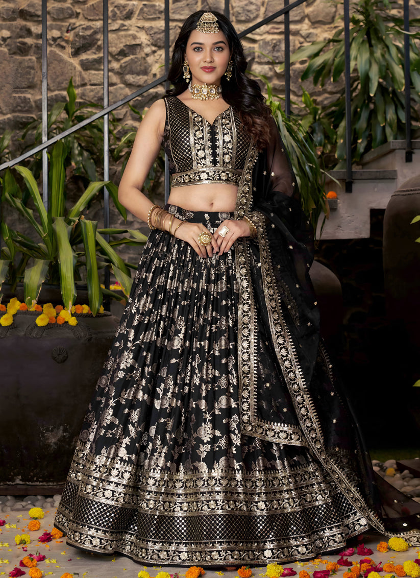 Striking Black Zari Dola Silk Jacquard Embroidered Wedding Lehenga Choli Set