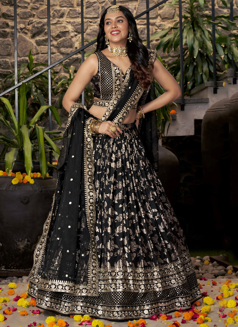 Striking Black Zari Dola Silk Jacquard Embroidered Wedding Lehenga Choli Set