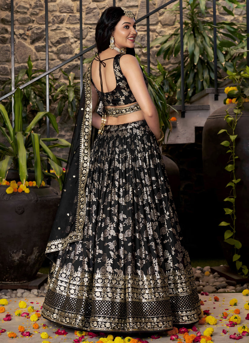 Striking Black Zari Dola Silk Jacquard Embroidered Wedding Lehenga Choli Set