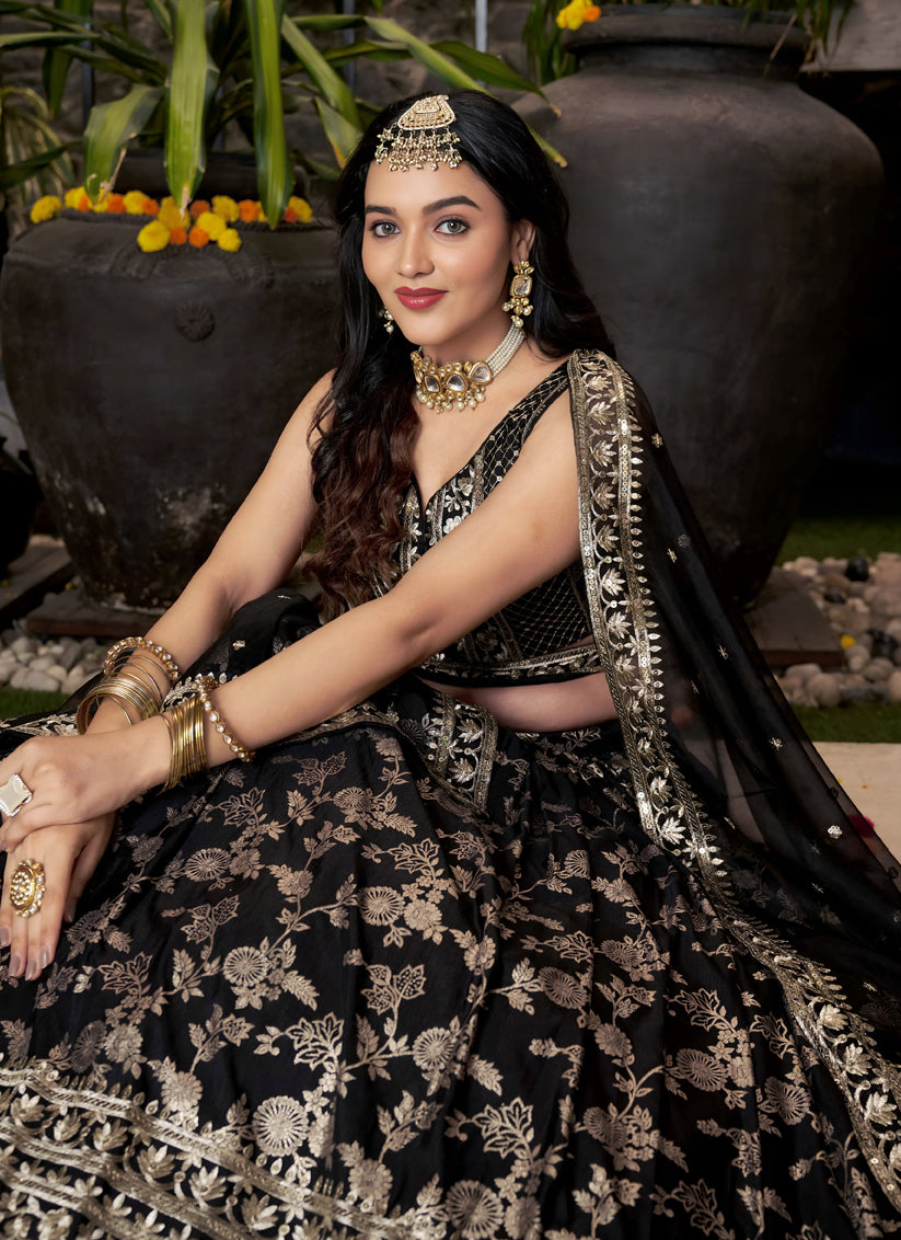 Striking Black Zari Dola Silk Jacquard Embroidered Wedding Lehenga Choli Set