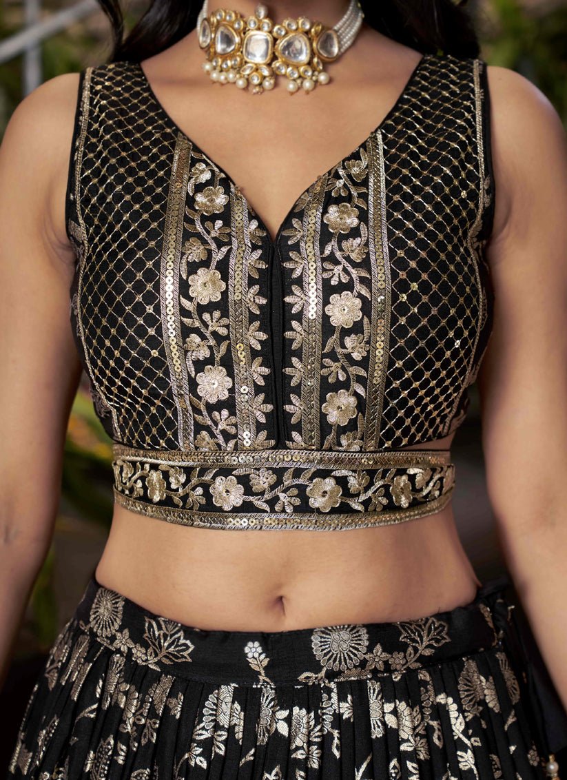 Striking Black Zari Dola Silk Jacquard Embroidered Wedding Lehenga Choli Set