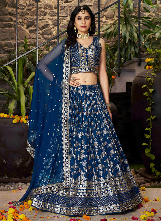 Peacock Blue Zari Dola Silk Jacquard Embroidered Wedding Lehenga Choli Set