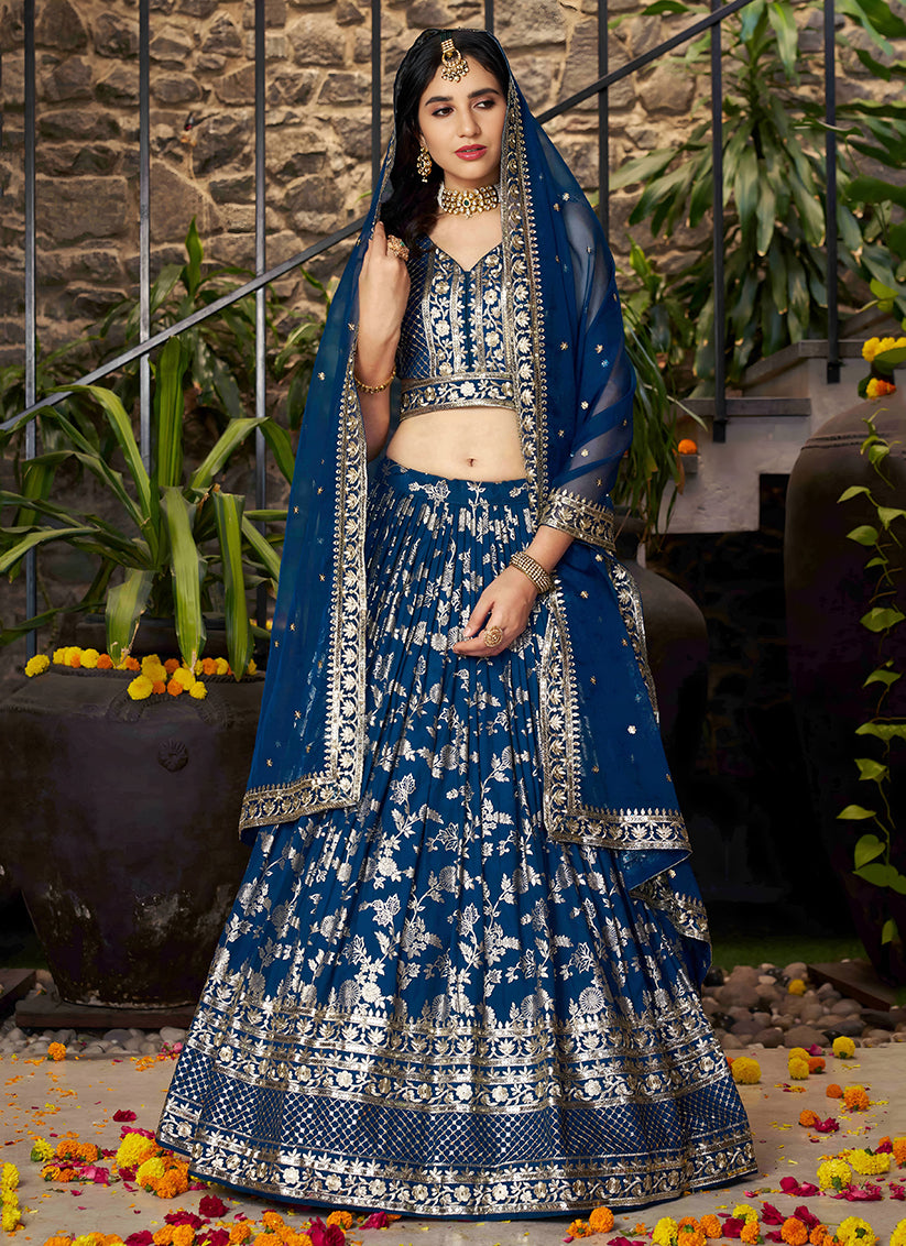 Peacock Blue Zari Dola Silk Jacquard Embroidered Wedding Lehenga Choli Set
