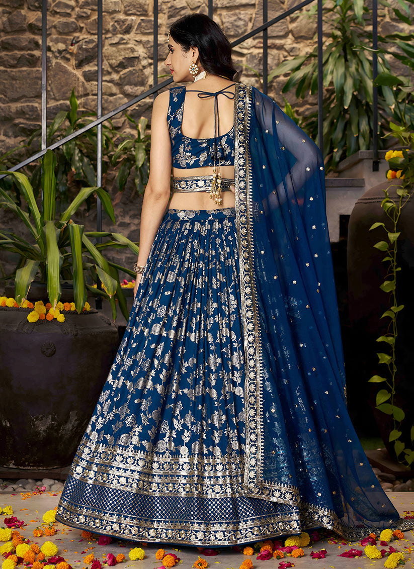 Peacock Blue Zari Dola Silk Jacquard Embroidered Wedding Lehenga Choli Set