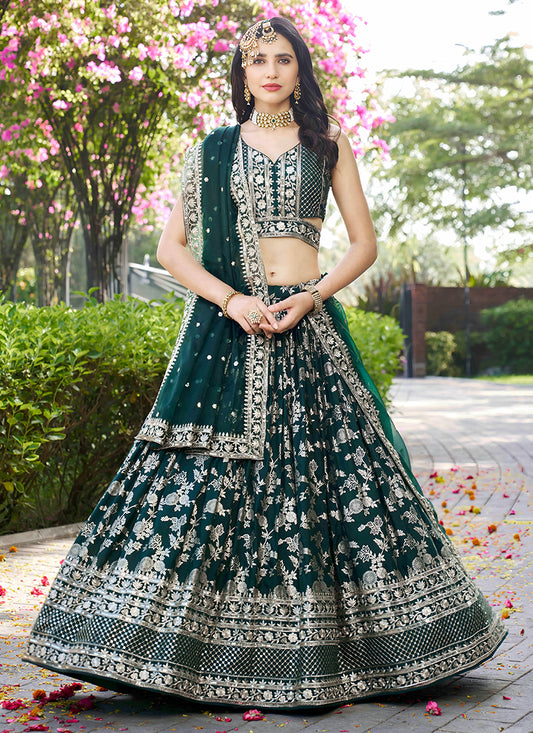 Pine Green Zari Dola Silk Jacquard Embroidered Wedding Lehenga Choli Set
