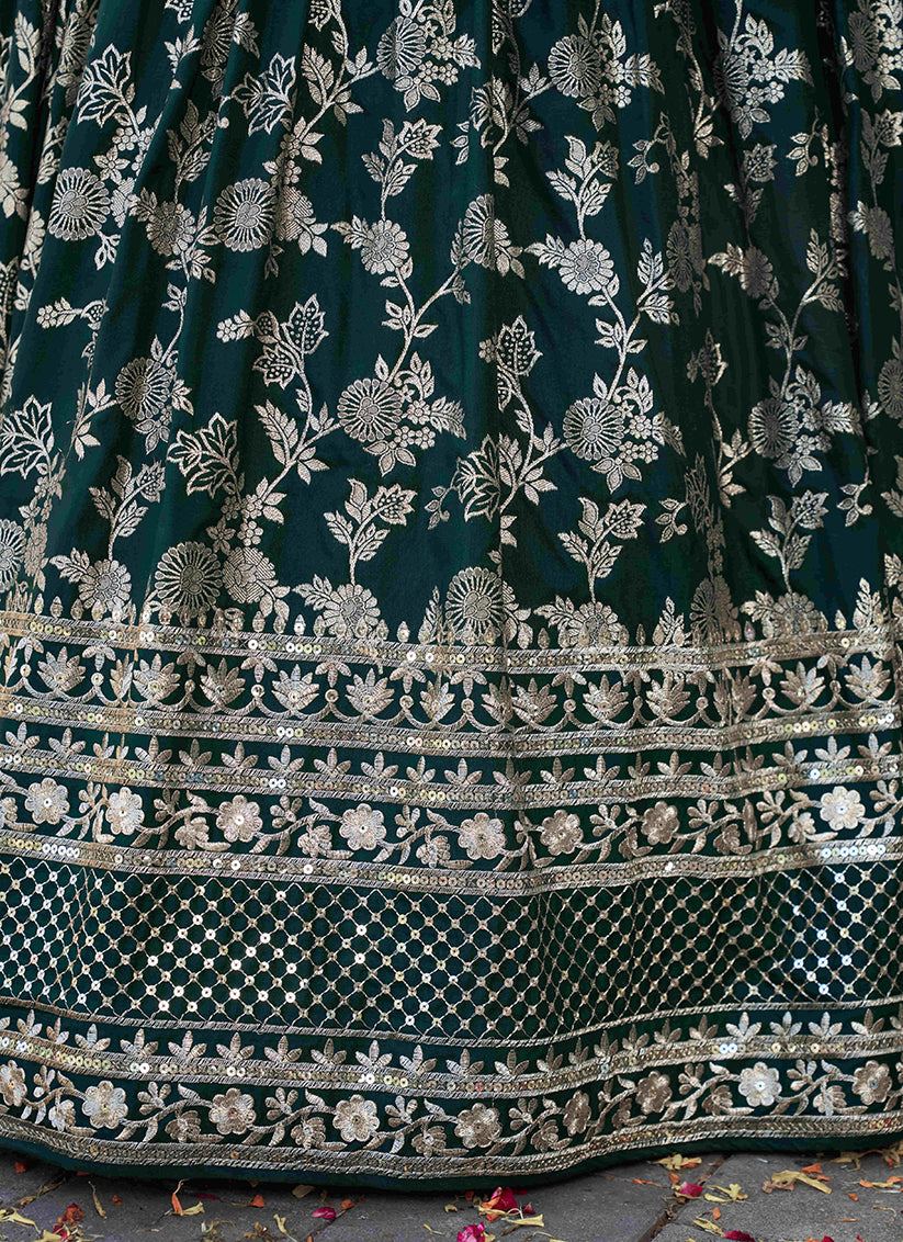 Pine Green Zari Dola Silk Jacquard Embroidered Wedding Lehenga Choli Set