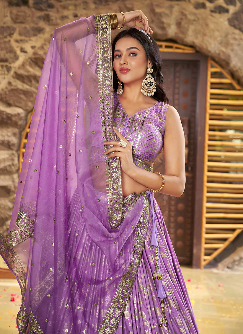Lavender Zari Dola Silk Jacquard Embroidered Wedding Lehenga Choli Set