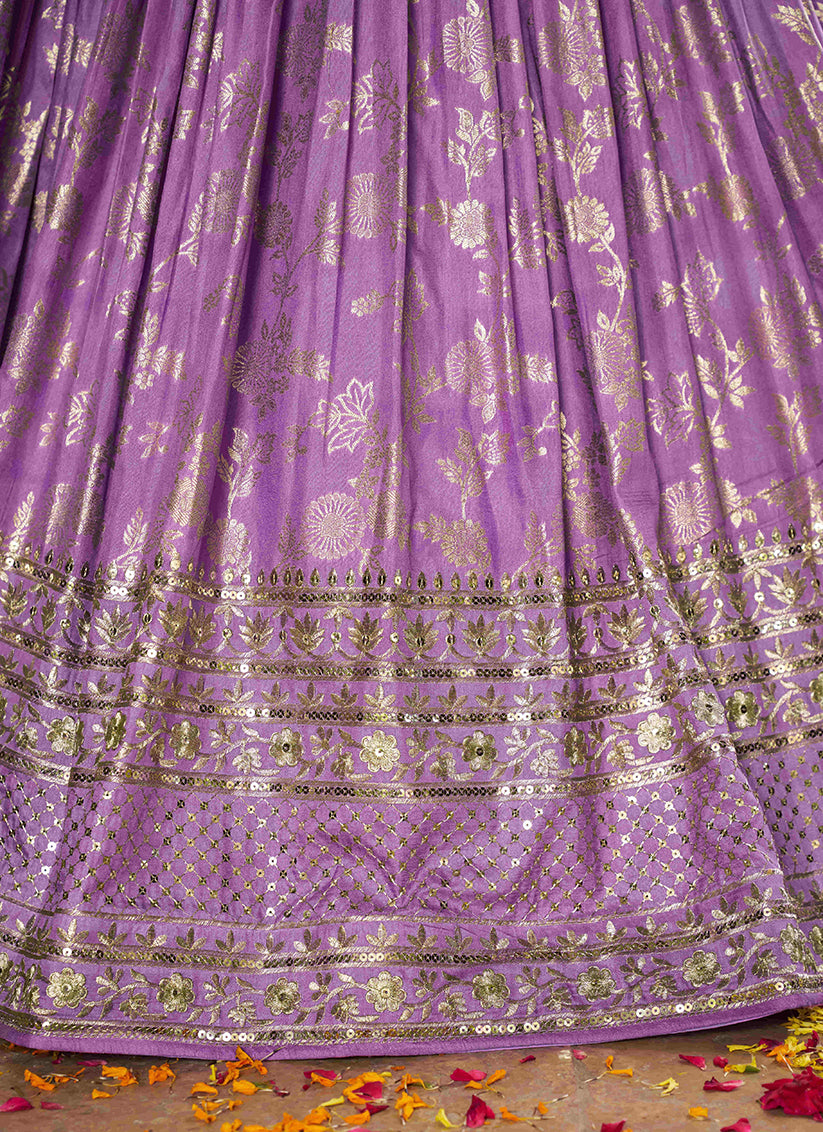 Lavender Zari Dola Silk Jacquard Embroidered Wedding Lehenga Choli Set
