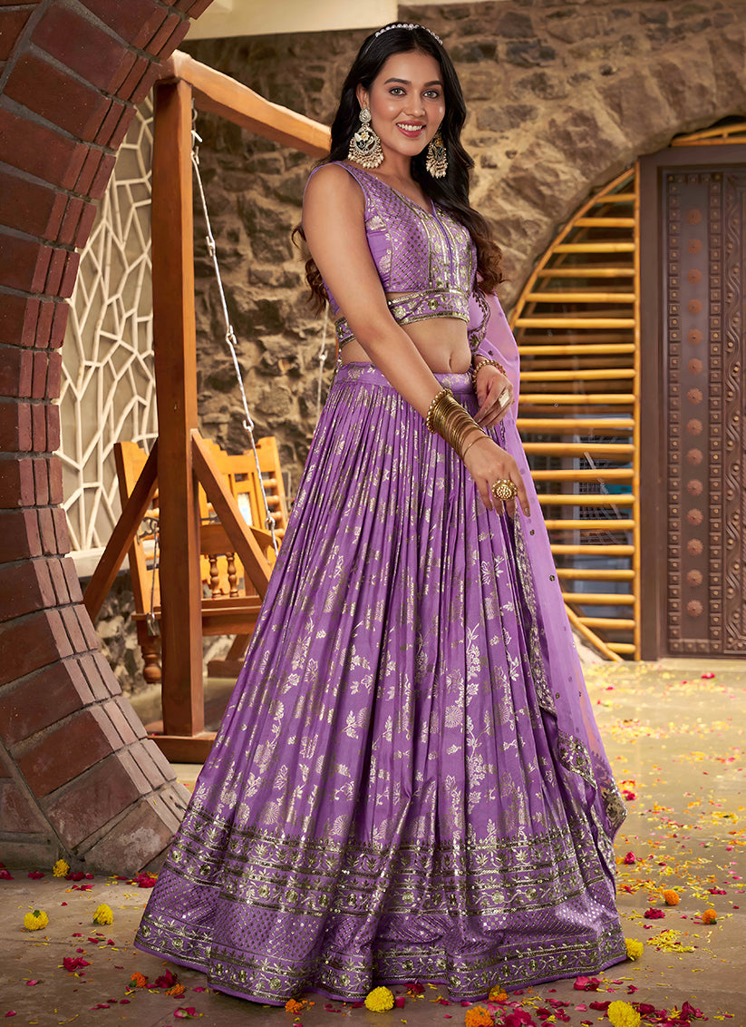 Lavender Zari Dola Silk Jacquard Embroidered Wedding Lehenga Choli Set