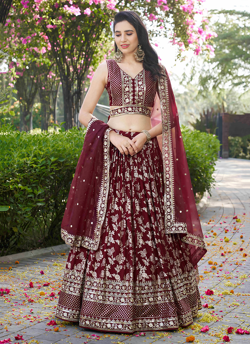 Maroon Zari Dola Silk Jacquard Embroidered Wedding Lehenga Choli Set