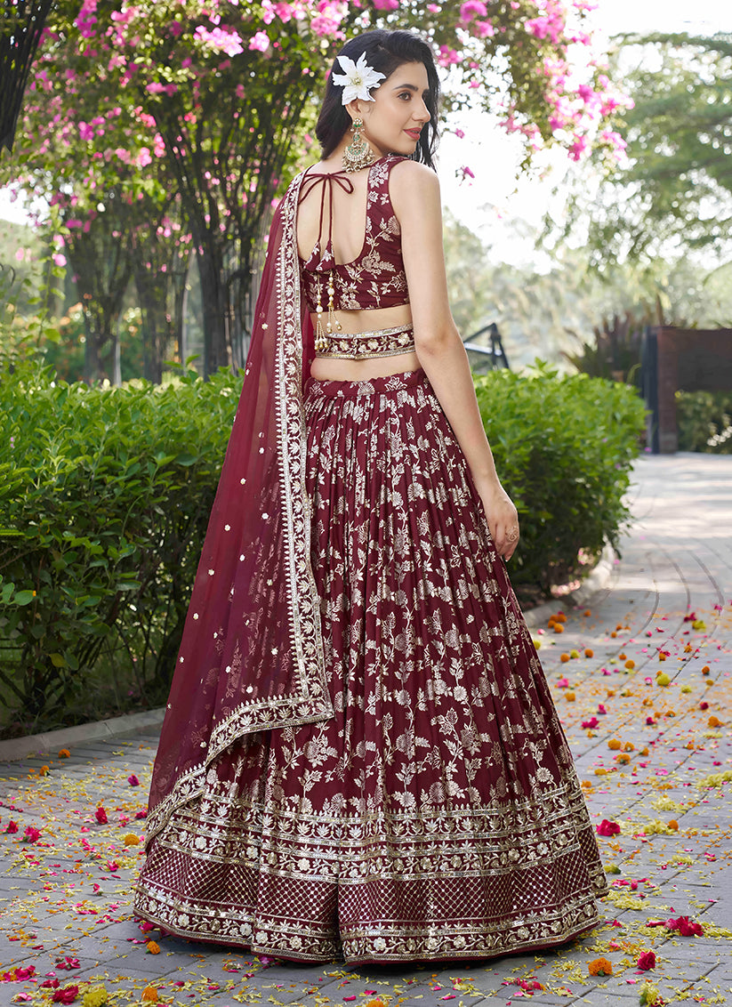 Maroon Zari Dola Silk Jacquard Embroidered Wedding Lehenga Choli Set