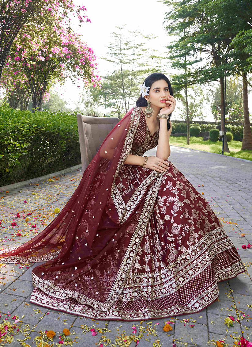 Maroon Zari Dola Silk Jacquard Embroidered Wedding Lehenga Choli Set