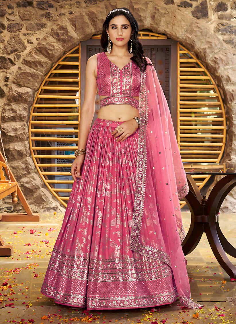 Salmon Pink Zari Dola Silk Jacquard Embroidered Wedding Lehenga Choli Set