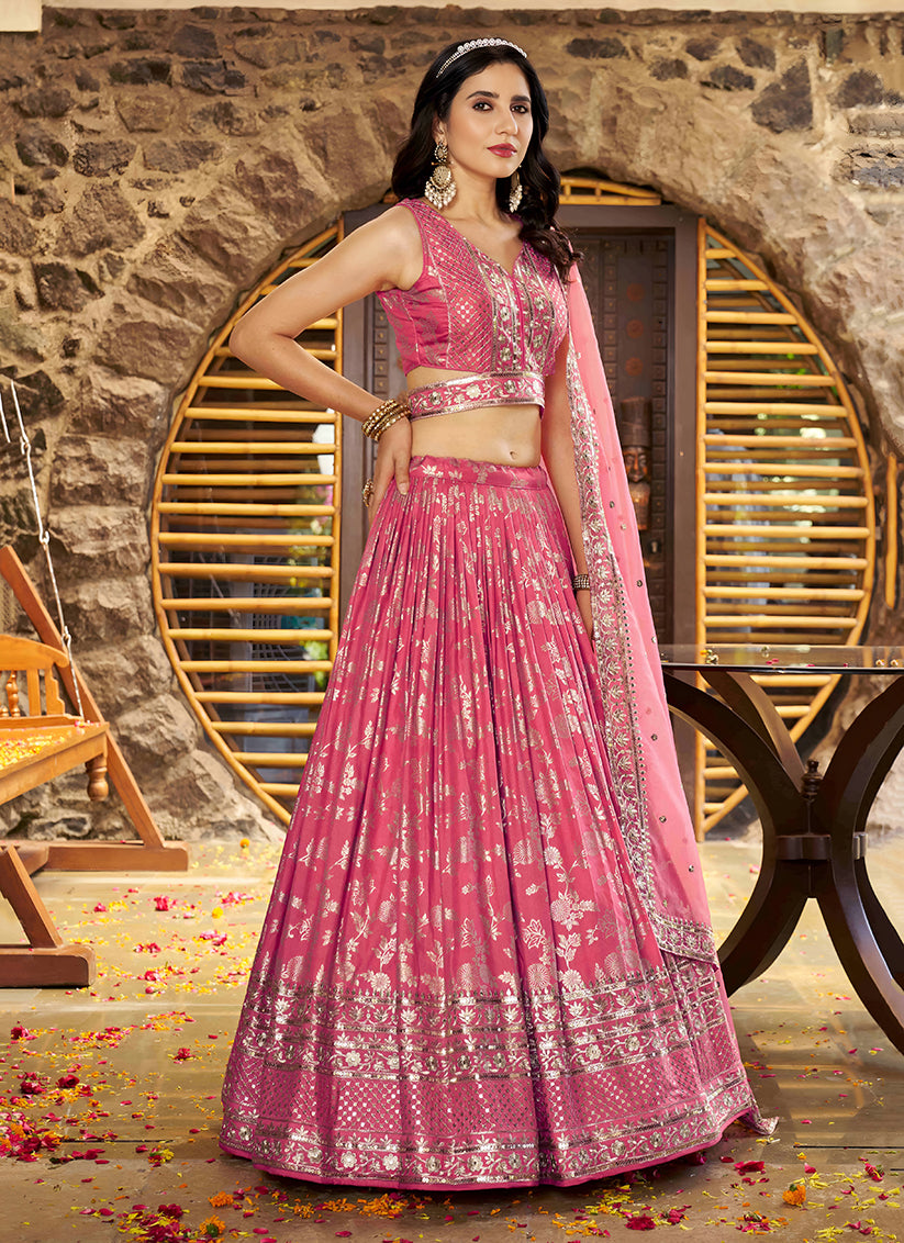 Salmon Pink Zari Dola Silk Jacquard Embroidered Wedding Lehenga Choli Set