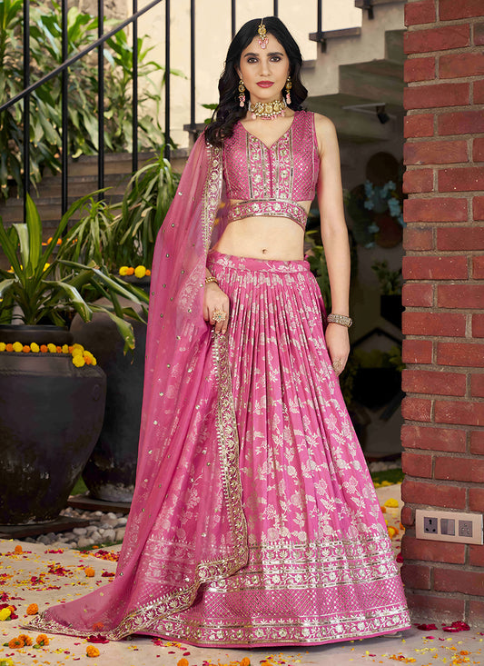 Cherry Pink Zari Dola Silk Jacquard Embroidered Wedding Lehenga Choli Set