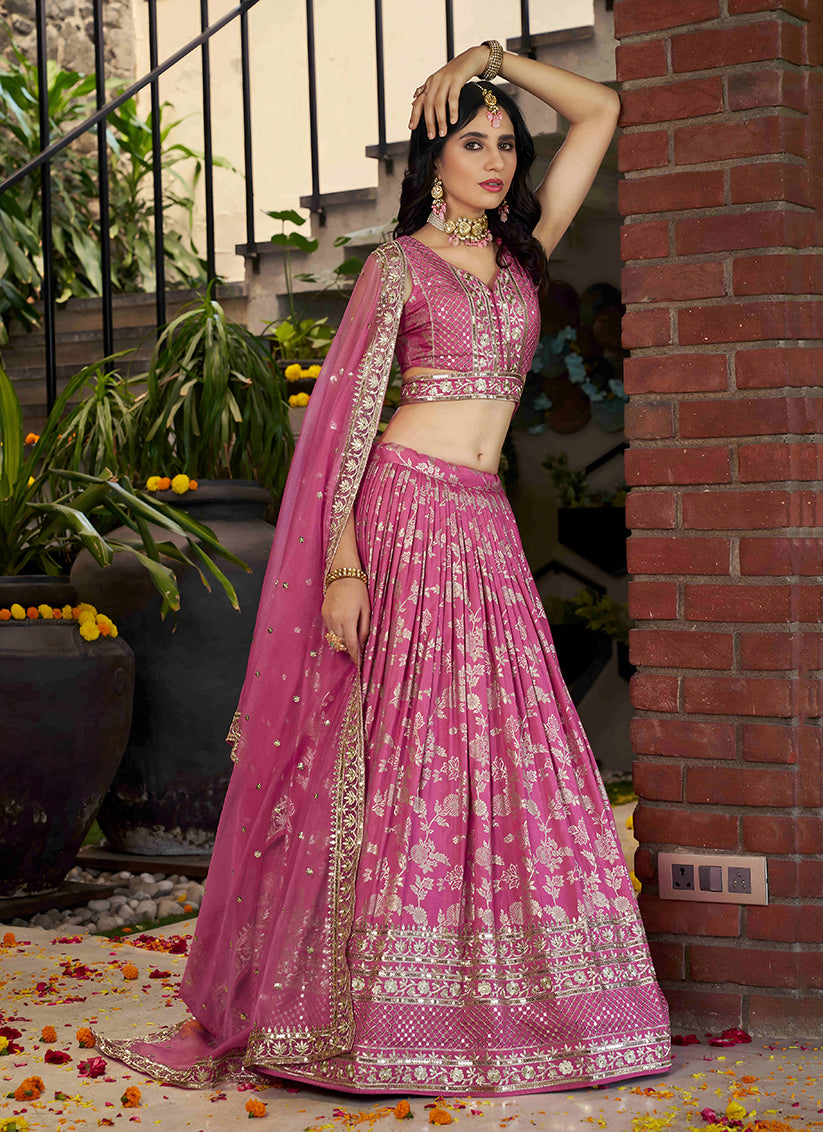 Cherry Pink Zari Dola Silk Jacquard Embroidered Wedding Lehenga Choli Set