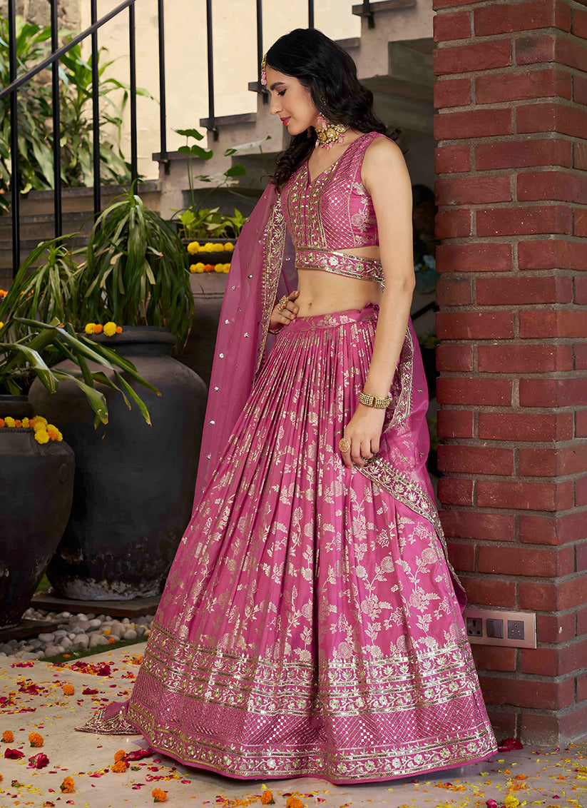 Cherry Pink Zari Dola Silk Jacquard Embroidered Wedding Lehenga Choli Set