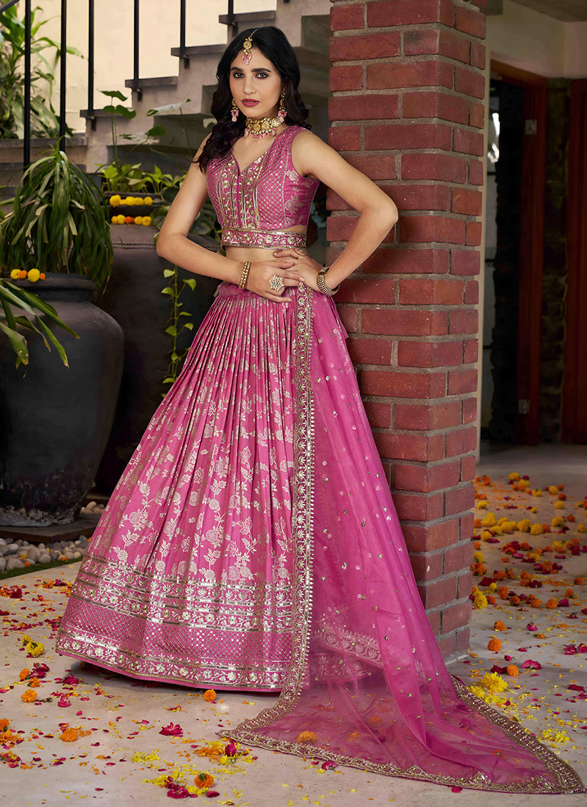 Cherry Pink Zari Dola Silk Jacquard Embroidered Wedding Lehenga Choli Set
