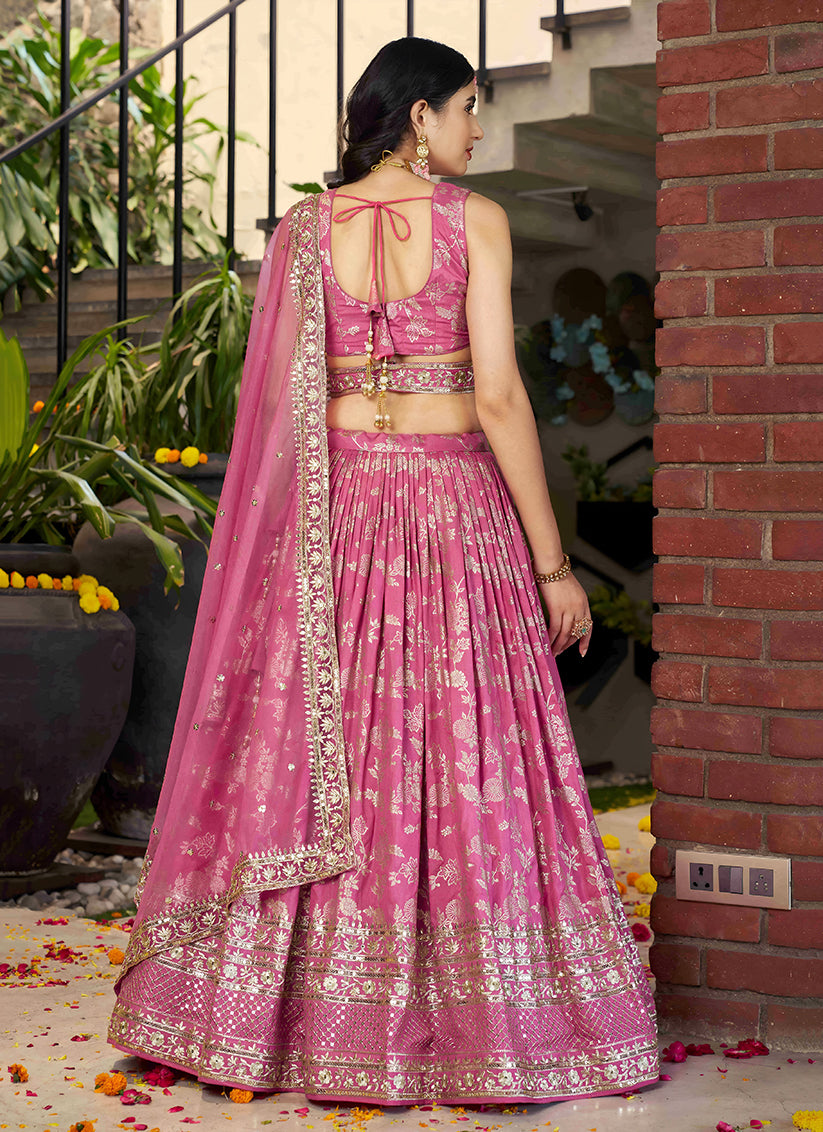 Cherry Pink Zari Dola Silk Jacquard Embroidered Wedding Lehenga Choli Set