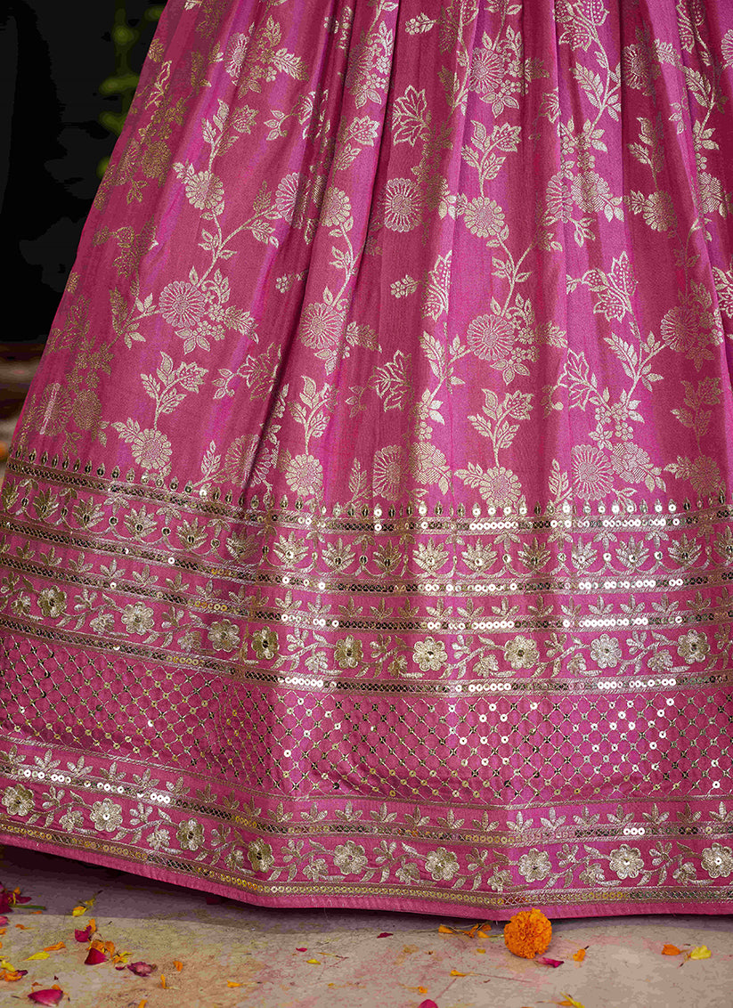 Cherry Pink Zari Dola Silk Jacquard Embroidered Wedding Lehenga Choli Set