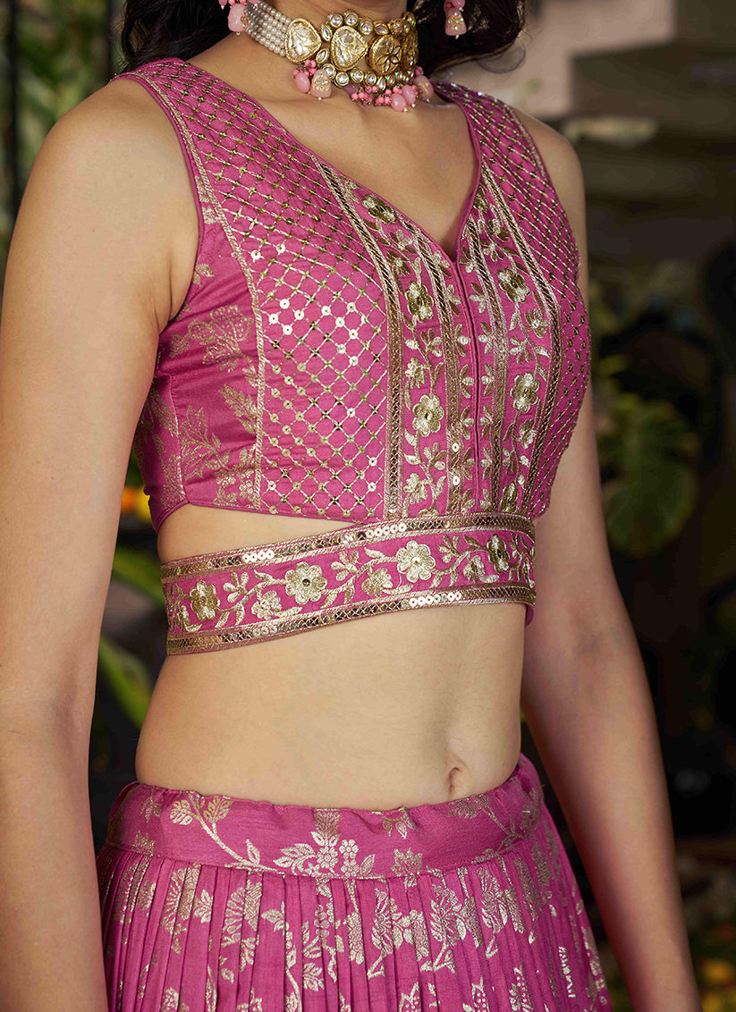 Cherry Pink Zari Dola Silk Jacquard Embroidered Wedding Lehenga Choli Set