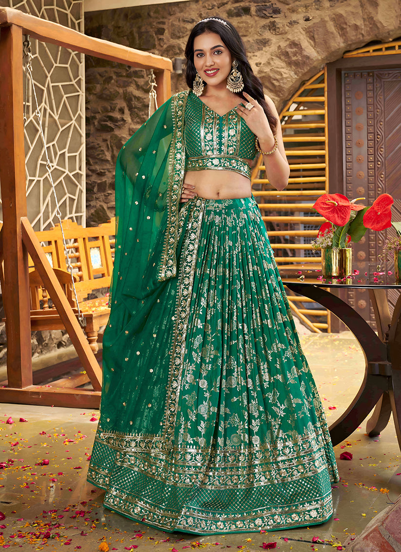 Rama Green Zari Dola Silk Jacquard Embroidered Wedding Lehenga Choli Set