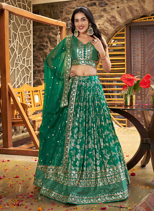 Rama Green Zari Dola Silk Jacquard Embroidered Wedding Lehenga Choli Set
