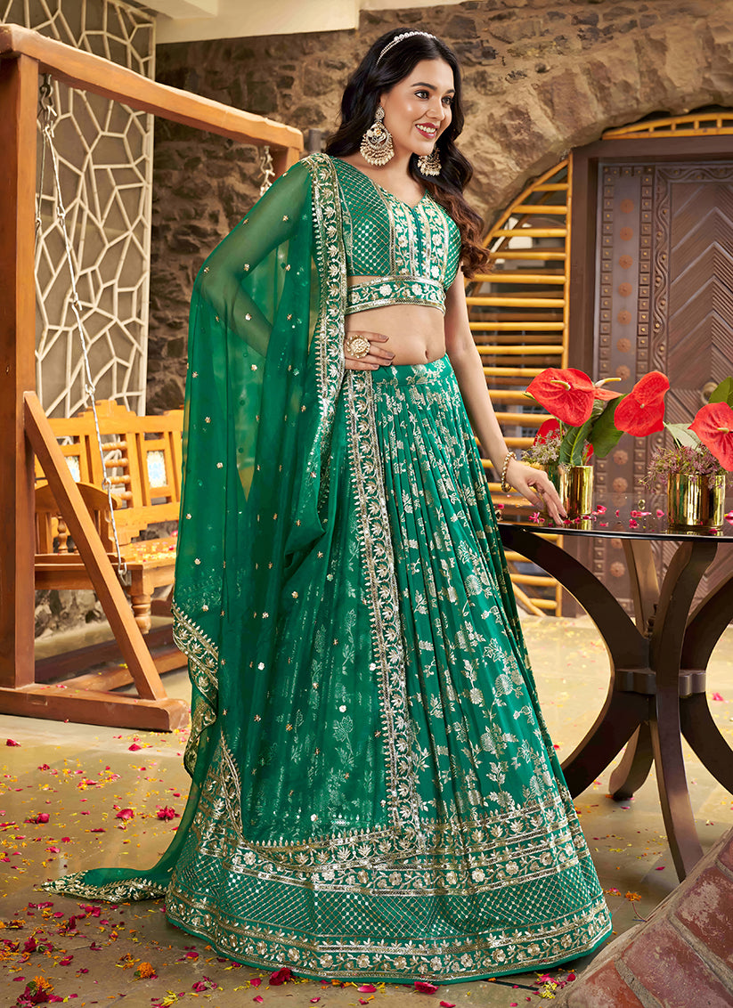 Rama Green Zari Dola Silk Jacquard Embroidered Wedding Lehenga Choli Set