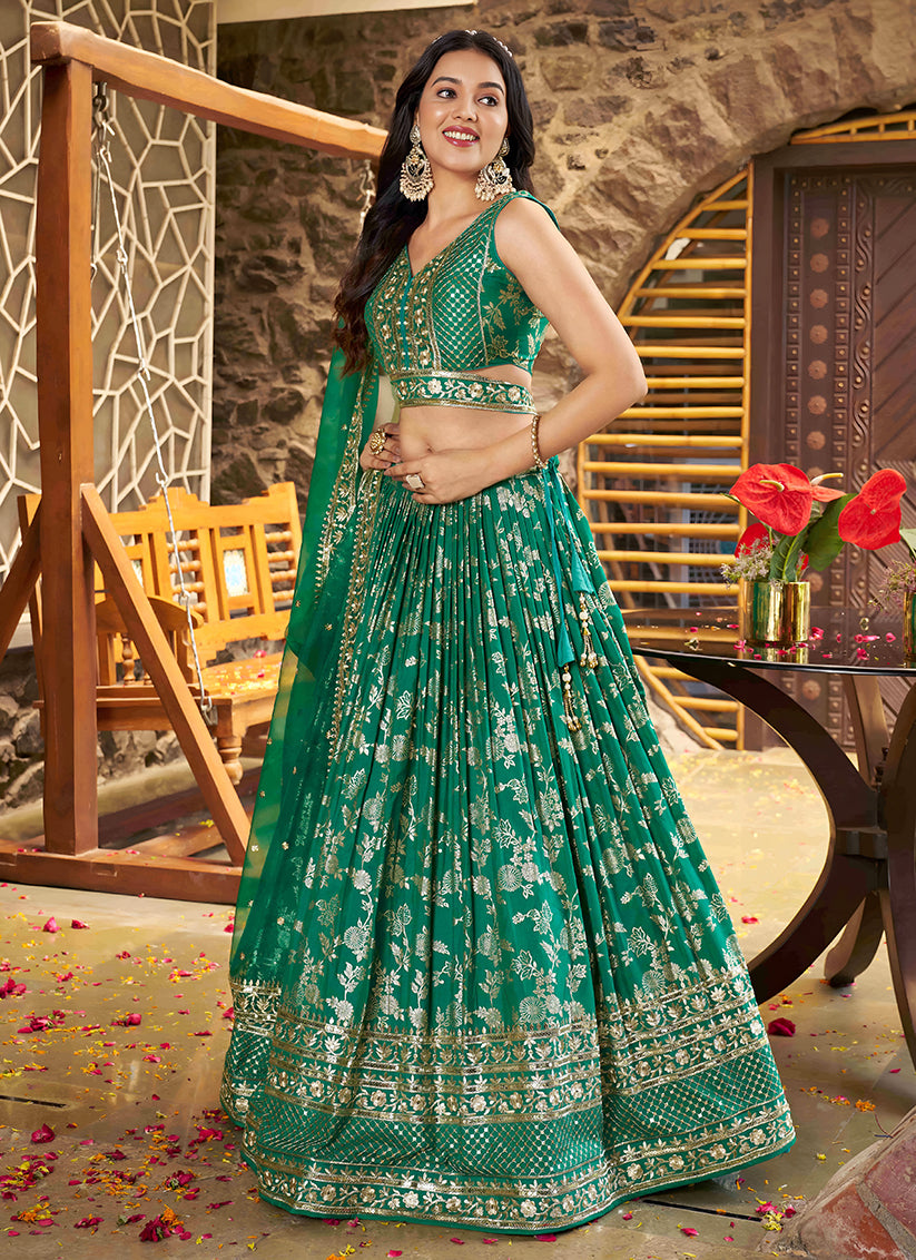Rama Green Zari Dola Silk Jacquard Embroidered Wedding Lehenga Choli Set