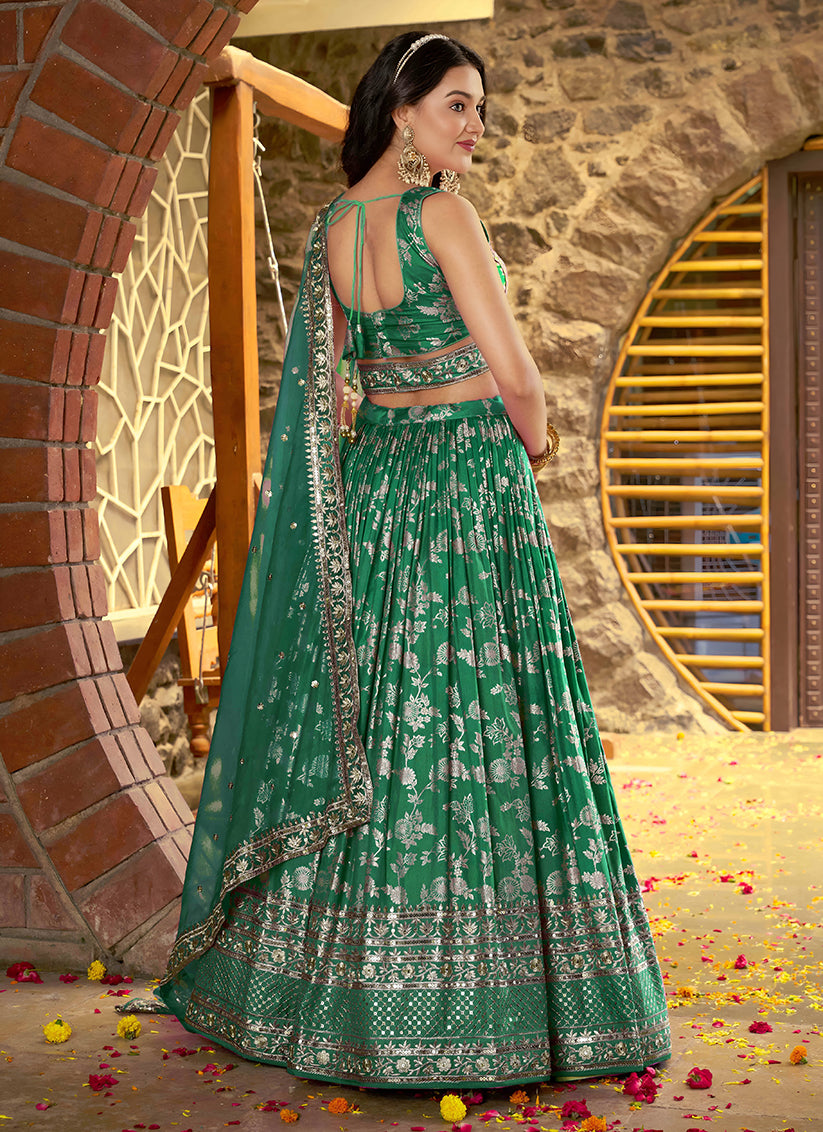 Rama Green Zari Dola Silk Jacquard Embroidered Wedding Lehenga Choli Set