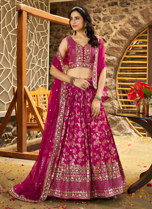 Rani Pink Zari Dola Silk Jacquard Embroidered Wedding Lehenga Choli Set