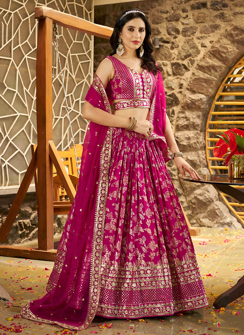 Rani Pink Zari Dola Silk Jacquard Embroidered Wedding Lehenga Choli Set