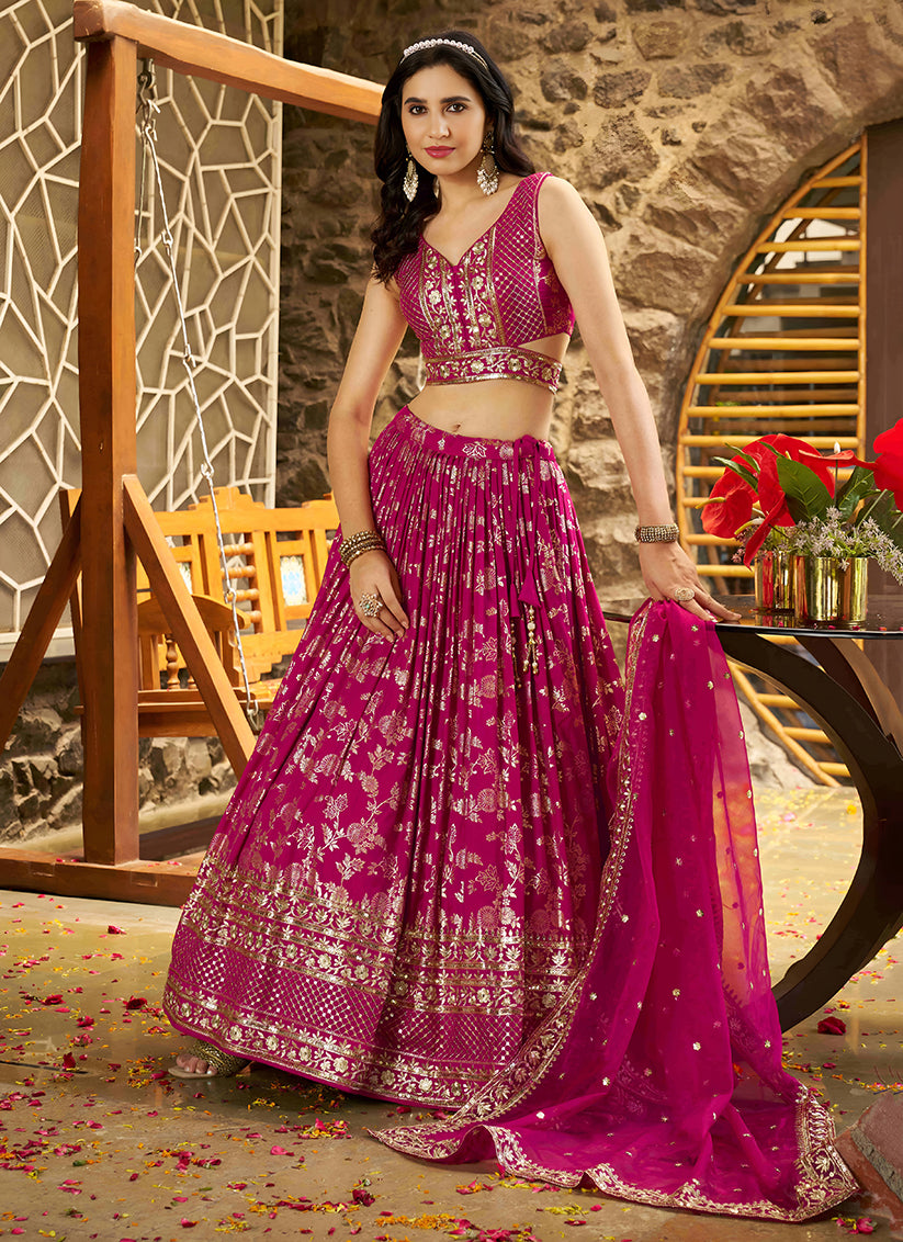 Rani Pink Zari Dola Silk Jacquard Embroidered Wedding Lehenga Choli Set