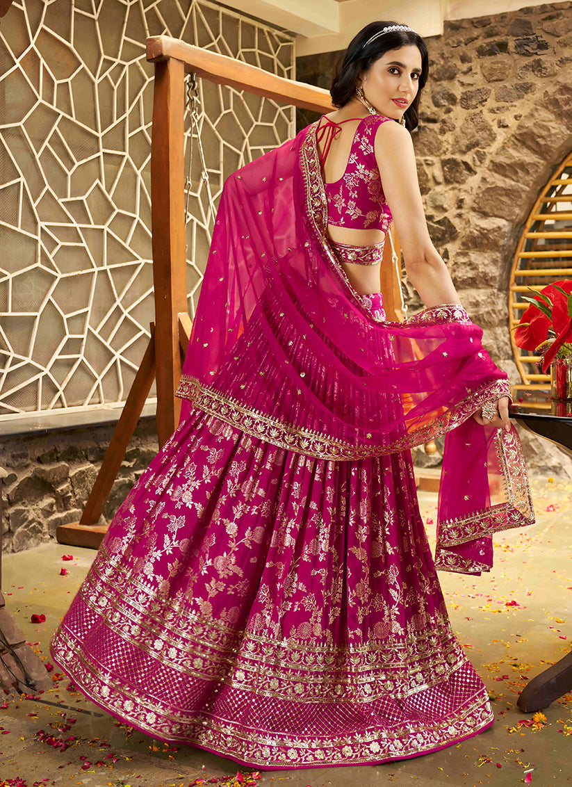 Rani Pink Zari Dola Silk Jacquard Embroidered Wedding Lehenga Choli Set