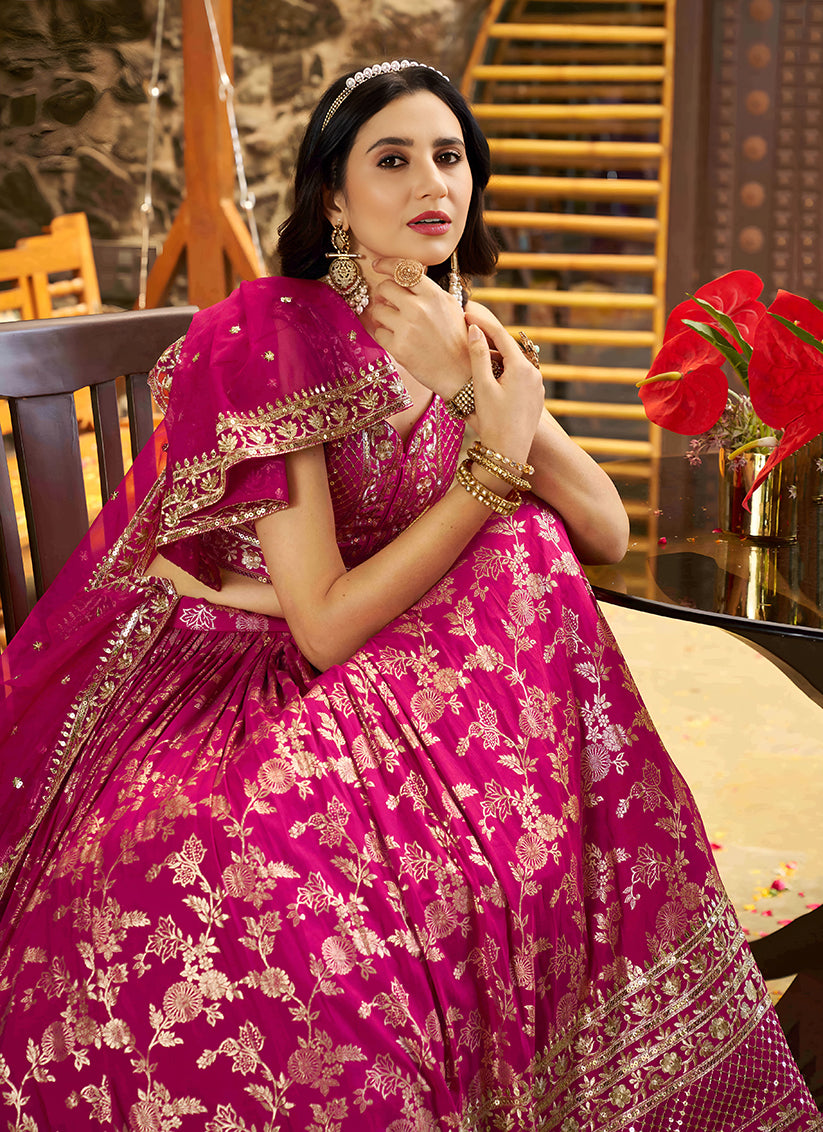 Rani Pink Zari Dola Silk Jacquard Embroidered Wedding Lehenga Choli Set