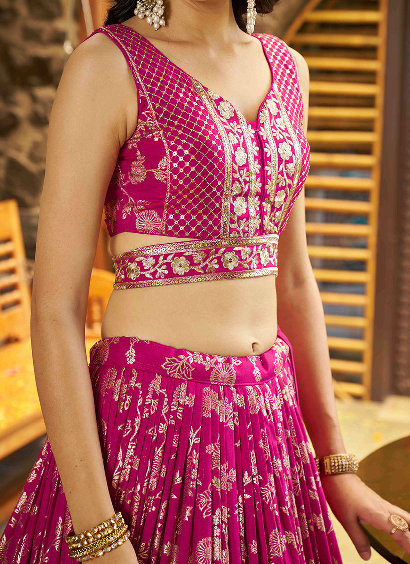 Rani Pink Zari Dola Silk Jacquard Embroidered Wedding Lehenga Choli Set